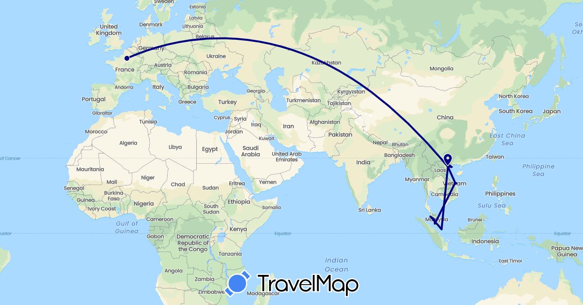 TravelMap itinerary: driving in France, Malaysia, Singapore, Vietnam (Asia, Europe)